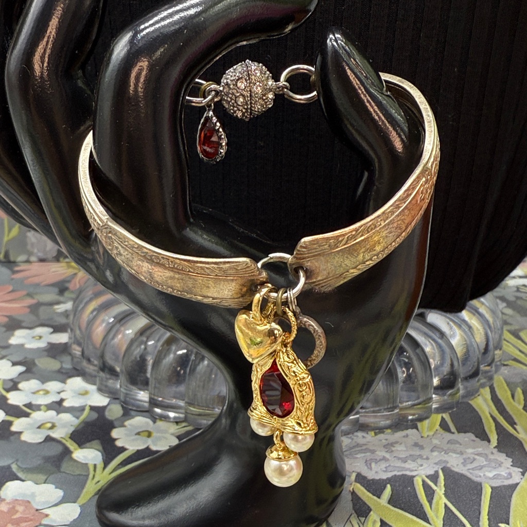 Adorned Crown Jewelry Silver Plate Spoon Handle Red Drop Bangle Bracelet 34$